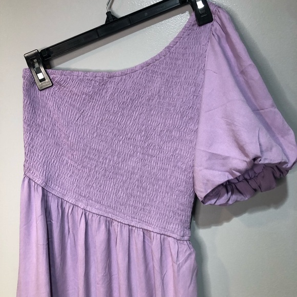Zesica Lavender One Shoulder Flounce Smocked Tiered Leg Slit Midi Dress, Pockets - Picture 4 of 11